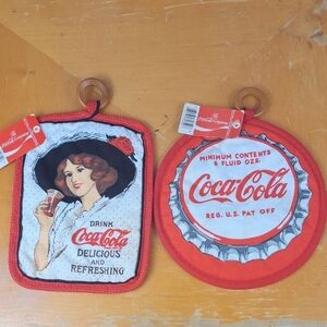Vintage 1984 Coca-Cola official licensed set of 2 red & white w tags pot holders